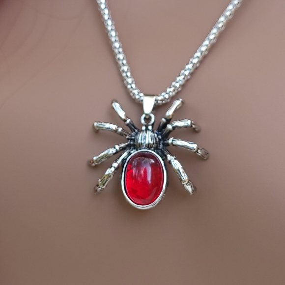 Gothic Style Red Crystal Cute Spider Pendant Necklace Punk Rock Halloween - Picture 6 of 8